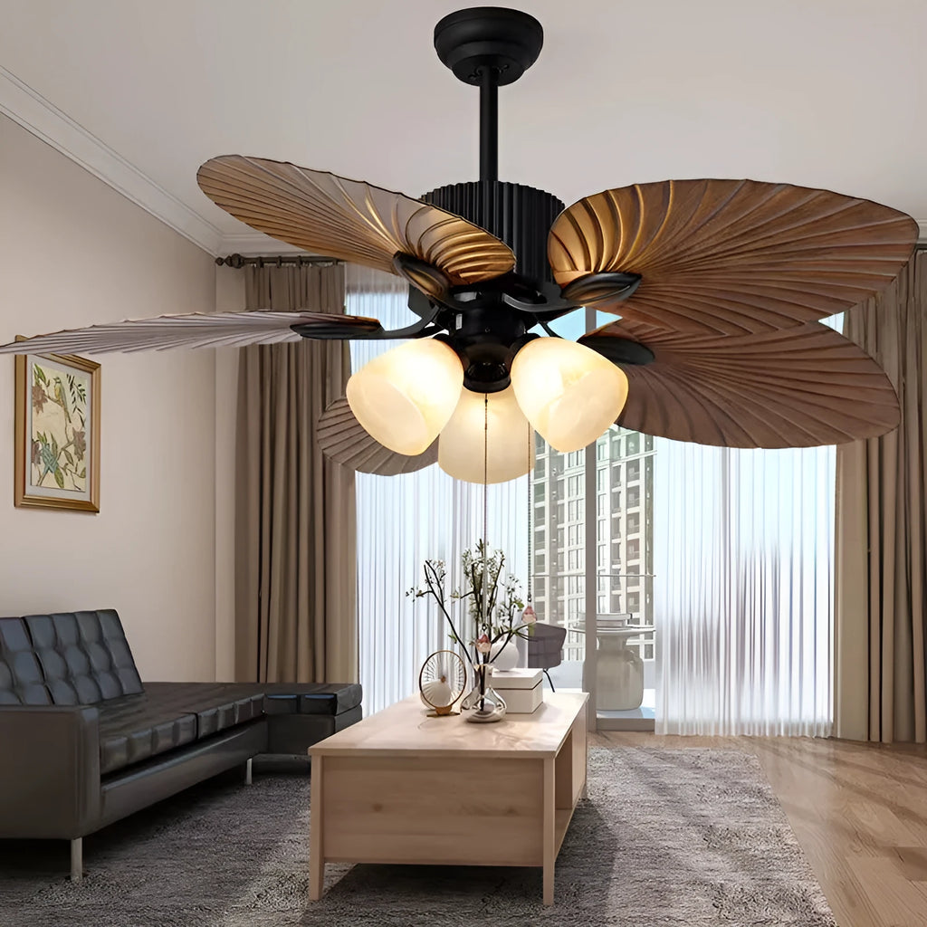52-inch retro style ceiling fan light with wooden blades and integrated three-light fixture