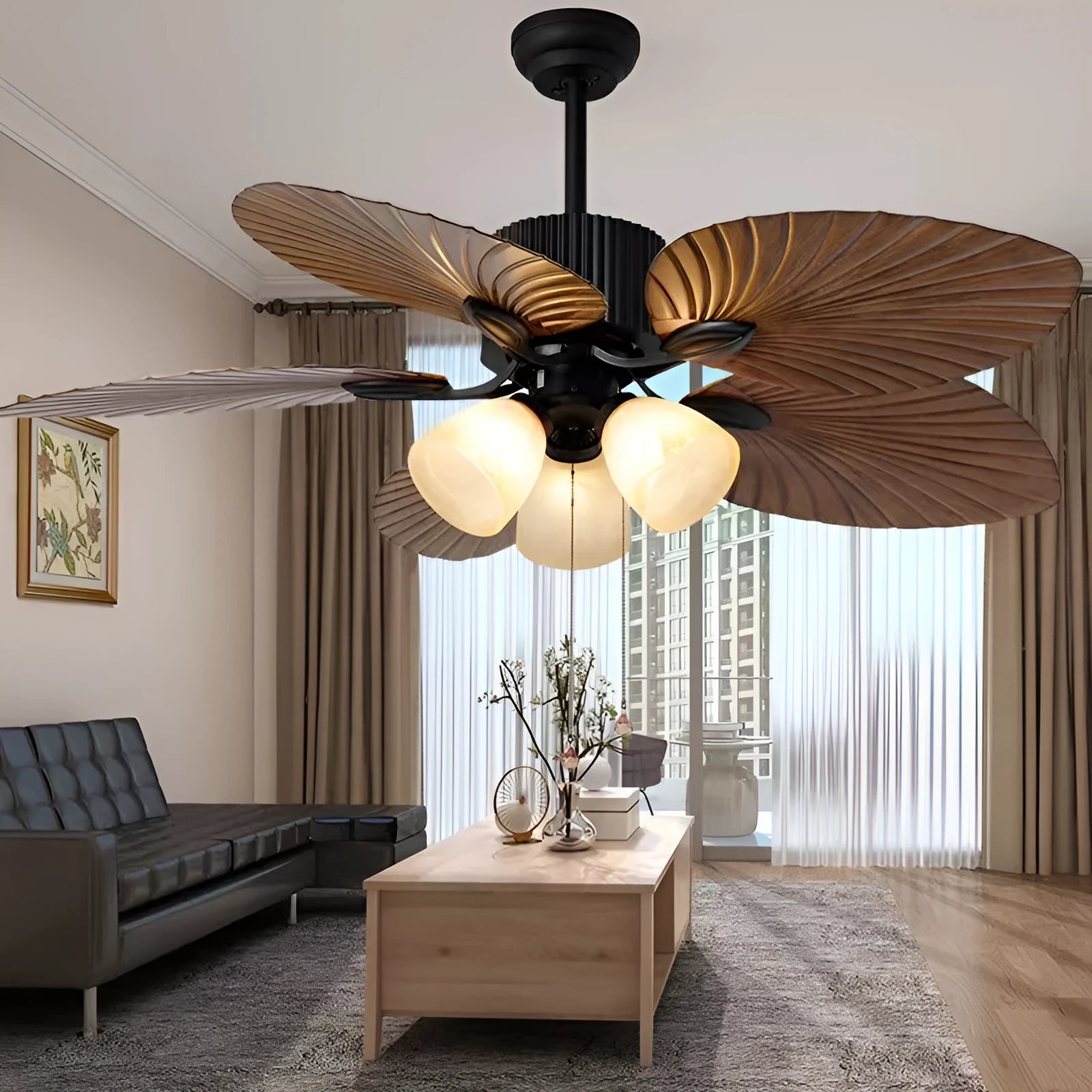 52-inch retro style ceiling fan light with wooden blades and integrated three-light fixture