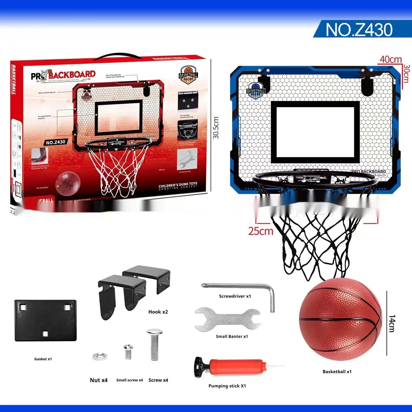 Red folding basketball frame with suction cups mounted on glass door showing scoring panel