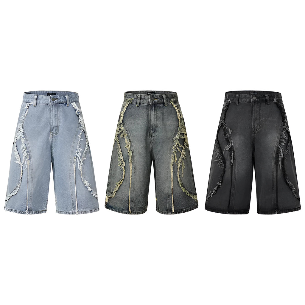 Distressed denim shorts with raw edge hem in light blue, shown in a straight-leg cropped fit.
