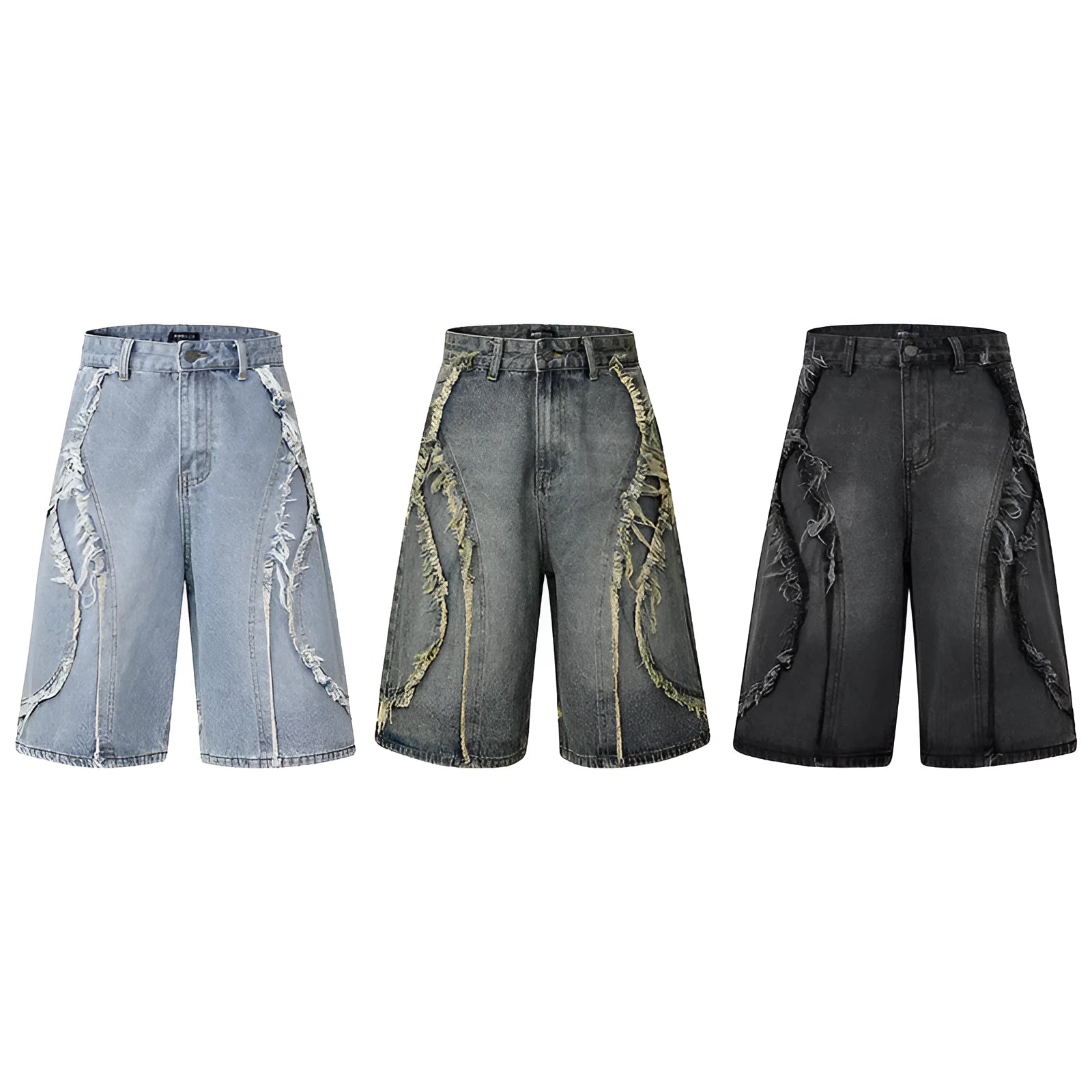 Distressed denim shorts with raw edge hem in light blue, shown in a straight-leg cropped fit.