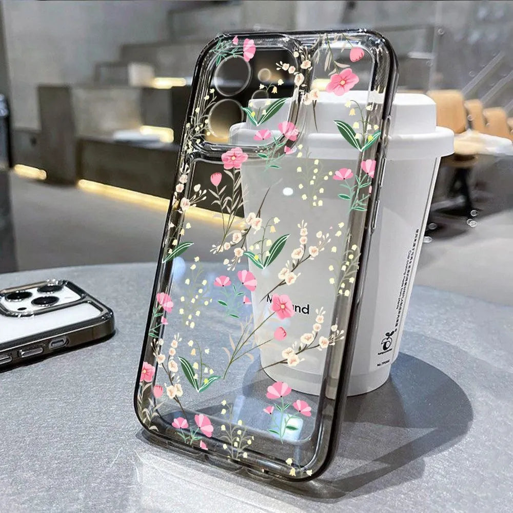 Small floral silicone phone case for iPhone 11-16 series, transparent, with shockproof and anti-fingerprint TPU material