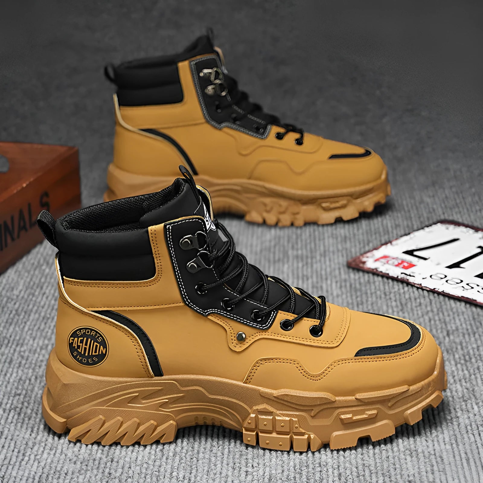 Men's black and yellow high-top Martin boots with an artificial PU upper and injection-moulded sole.