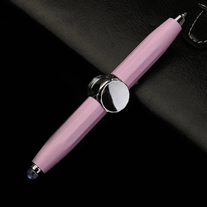Metal fingertip gyro ballpoint pen with LED spinning function showing 10.5 cm length