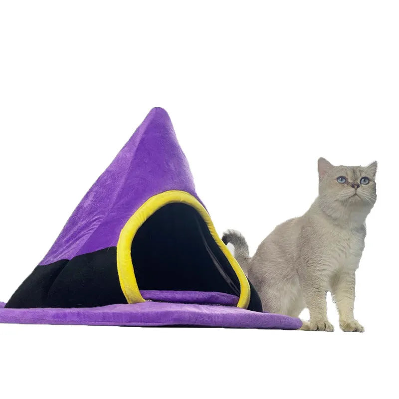 Purple cloth witch hat shaped cat bed for cats, shown with dimensions 60x46cm.