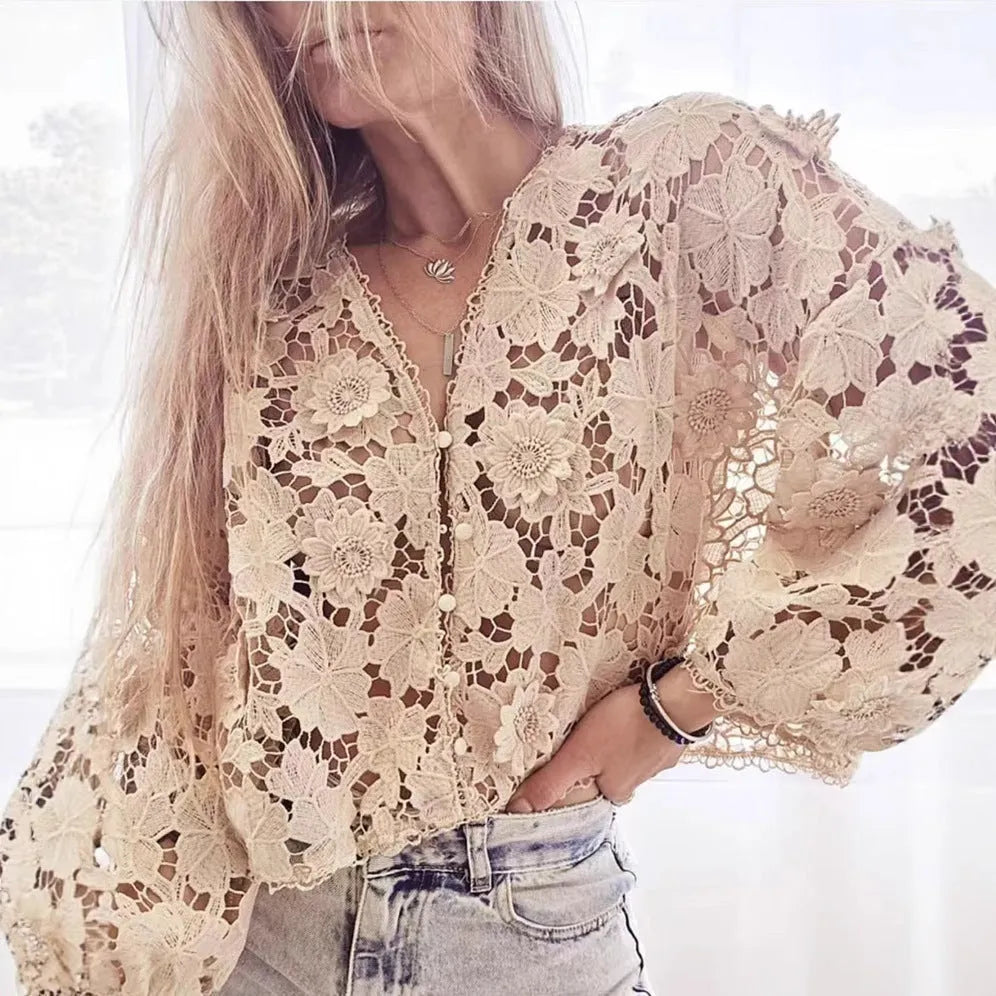 Black lace cardigan with three-dimensional flower decoration and V-neck design