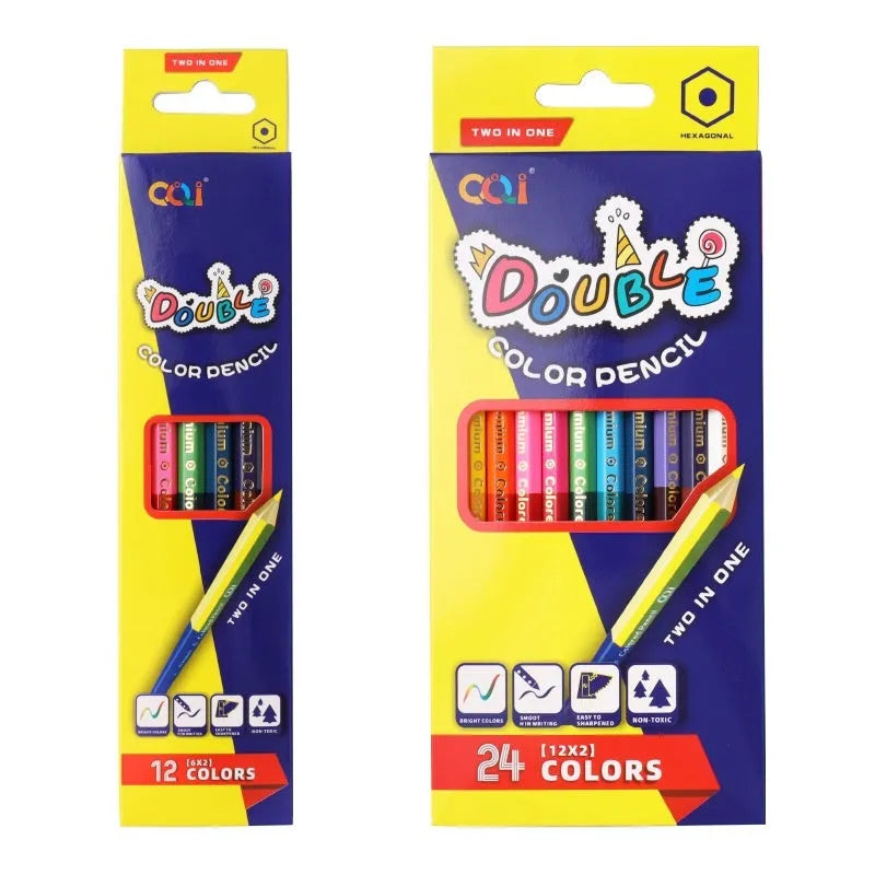 Set of wooden double-headed colour pencils showing both pencil tip and brush tip, arranged in a case.