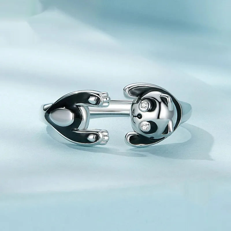 Sterling silver panda adjustable ring with white gold plating and open design