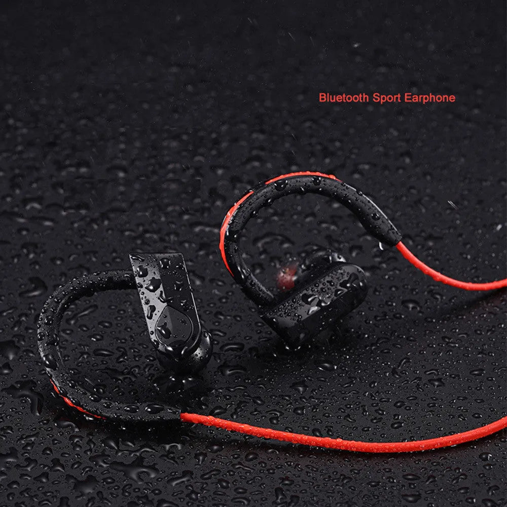 Black neck-mounted Bluetooth earphones with in-ear buds and USB charging cable