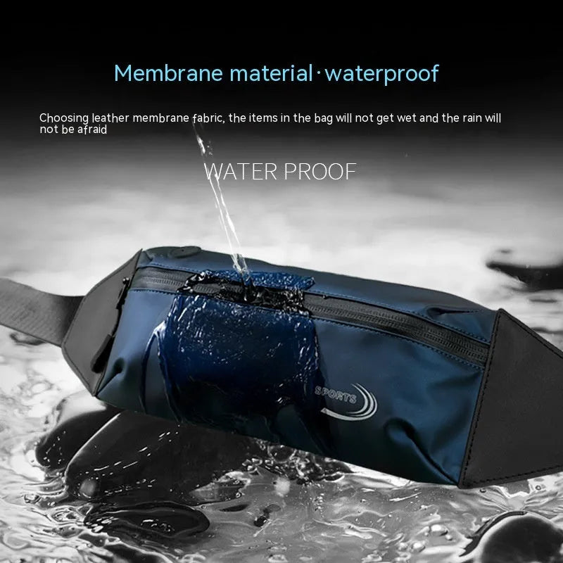 A man's waterproof polyester waist bag in a solid colour, shown with its compact dimensions.