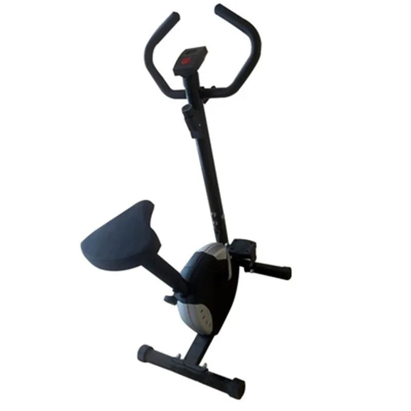 Spinning fitness bicycle in black with ribbon resistance handle and display console