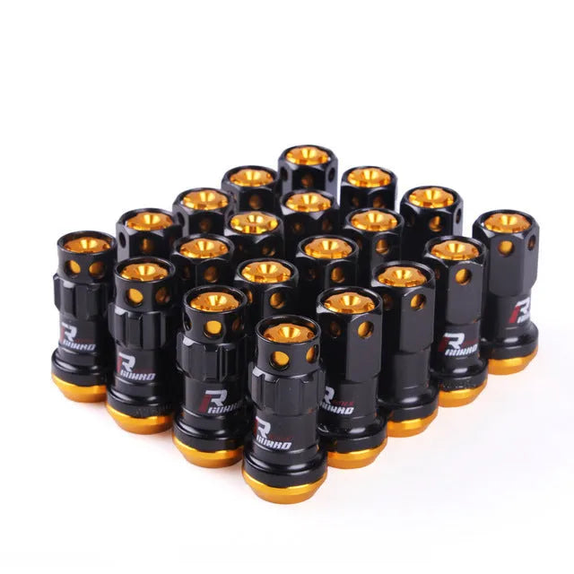Set of aluminium alloy flat head wheel nuts in various colour combinations including black gold and blue.