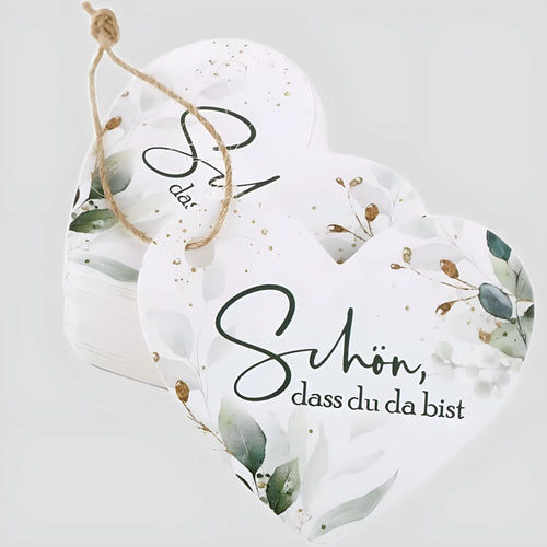 50 flower heart-shaped paper gift tags in two colour styles, shown alongside a pen for scale