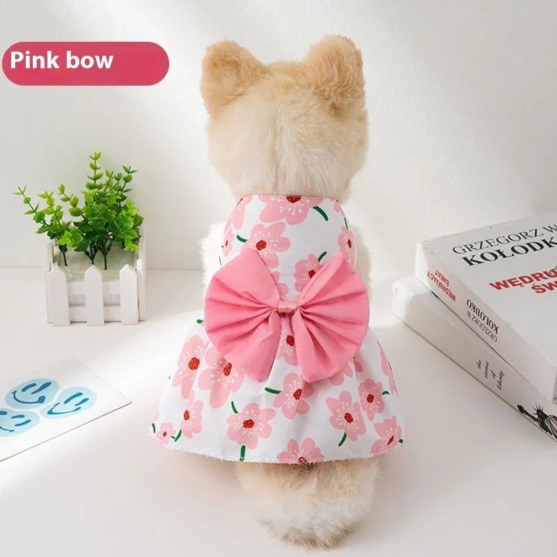 Summer pet dress with floral butterfly knot design in multiple bow colours for dogs and cats