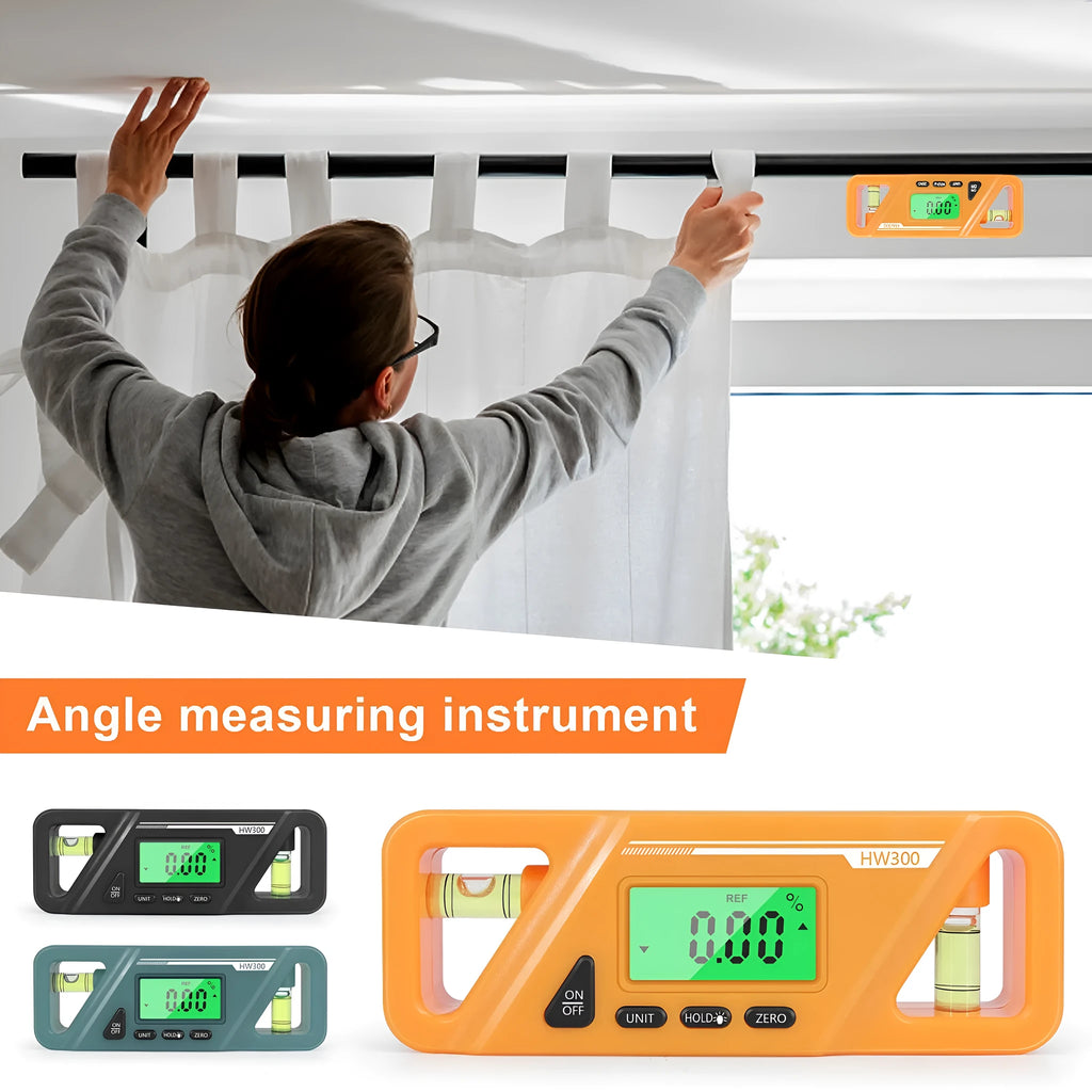 Black digital angle gauge with magnetic base and LCD display showing an angle reading.