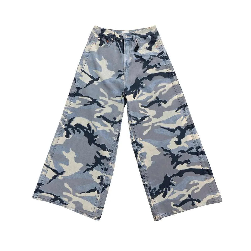 Snow camouflage blue loose fit jeans in cotton elastic denim fabric with mid waist design