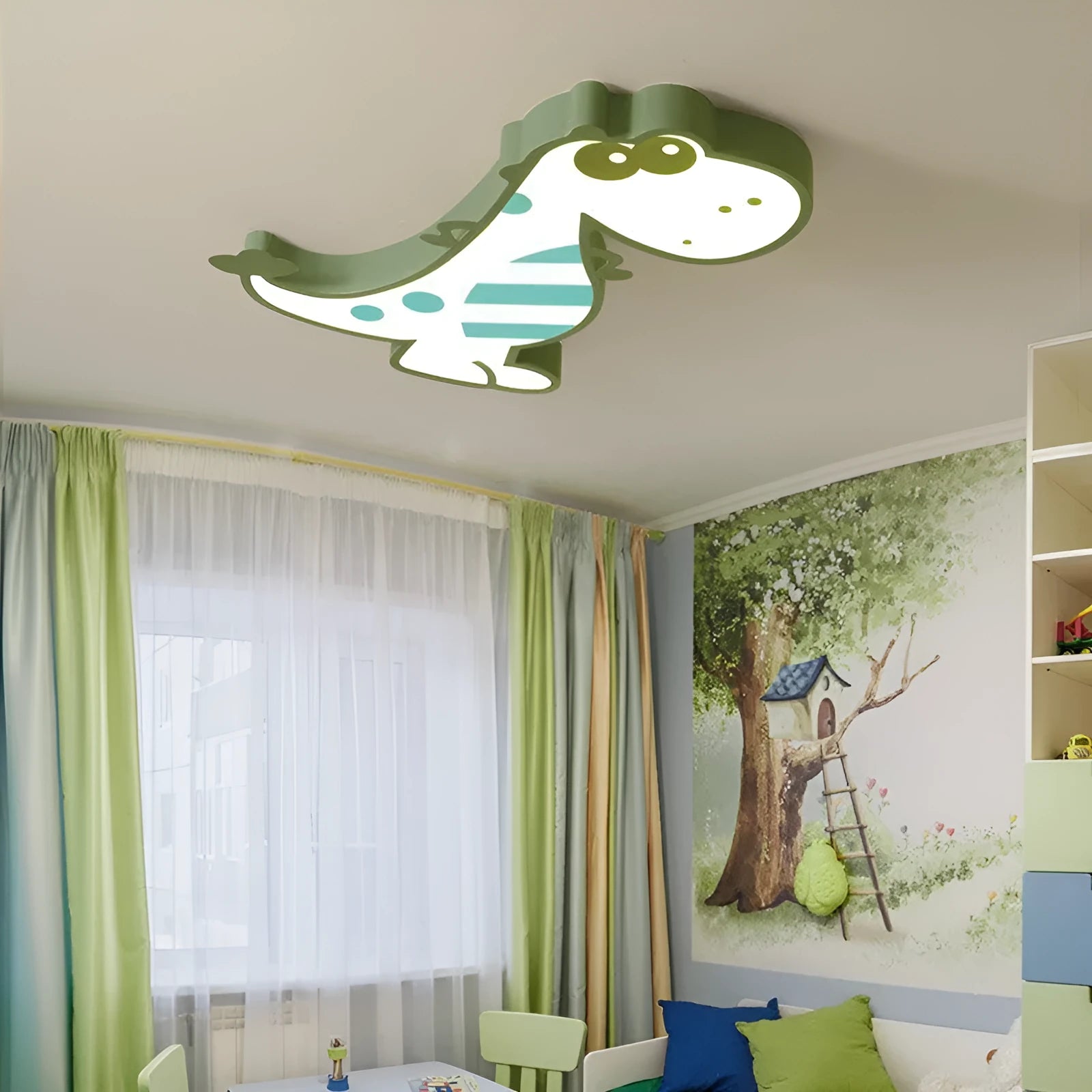 Green cartoon dinosaur ceiling light with dimmable function and PVC shade