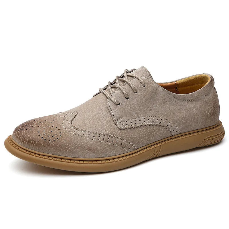 Men's black genuine leather lace-up business shoes with a low top and rubber sole.