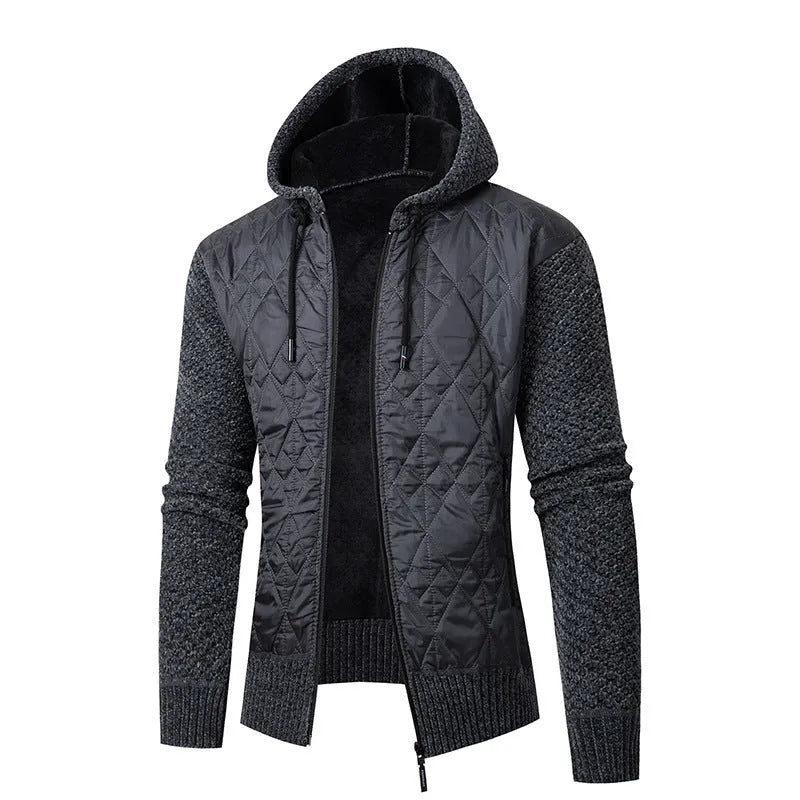 Men's grey hooded corduroy sweater coat with cinched style and wool construction
