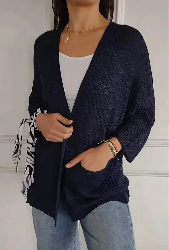 Women's waffle-textured polyester cardigan coat with nine-quarter sleeves in army green colour