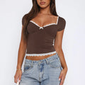 Women's sweet casual short sleeve polyester T-shirt top in Army Green colour on a hanger.