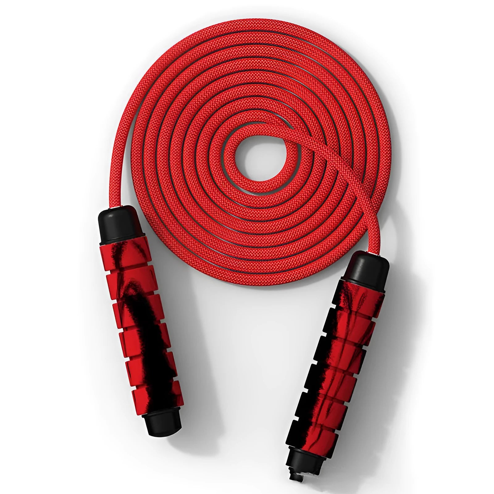 Red polyester weight-bearing skipping rope with 16cm handles on a white background