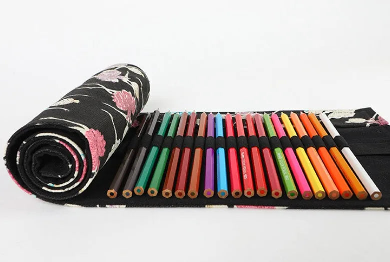 Ballet girl printed canvas roll-up pencil case unrolled to show multiple coloured pencils in slots