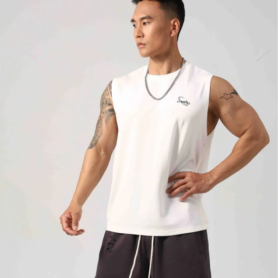 Korean style men's loose cotton fitness vest with hidden hook side openings in black, blue, grey, or white.
