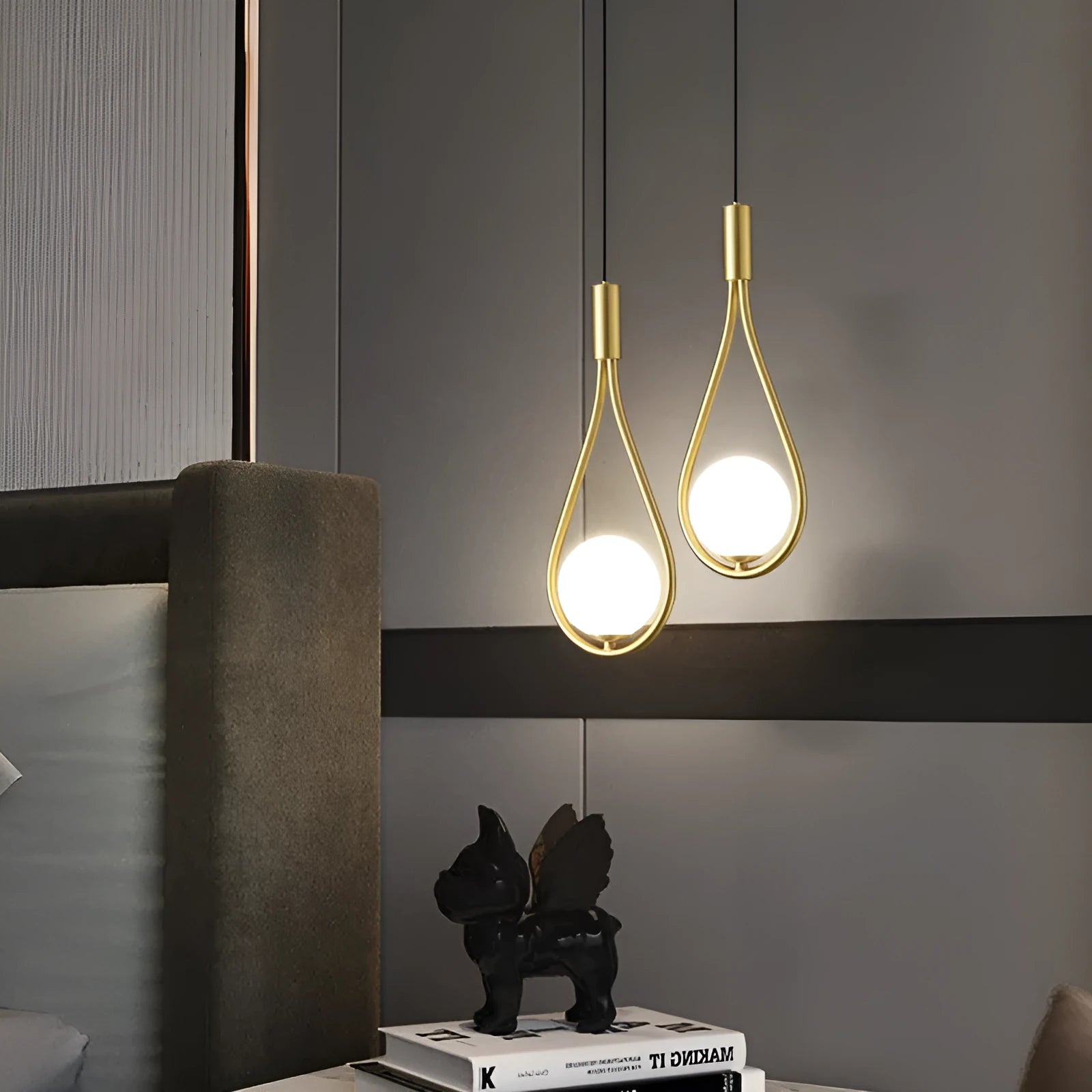 Copper modern minimalist bedside chandelier for bedroom ceiling.