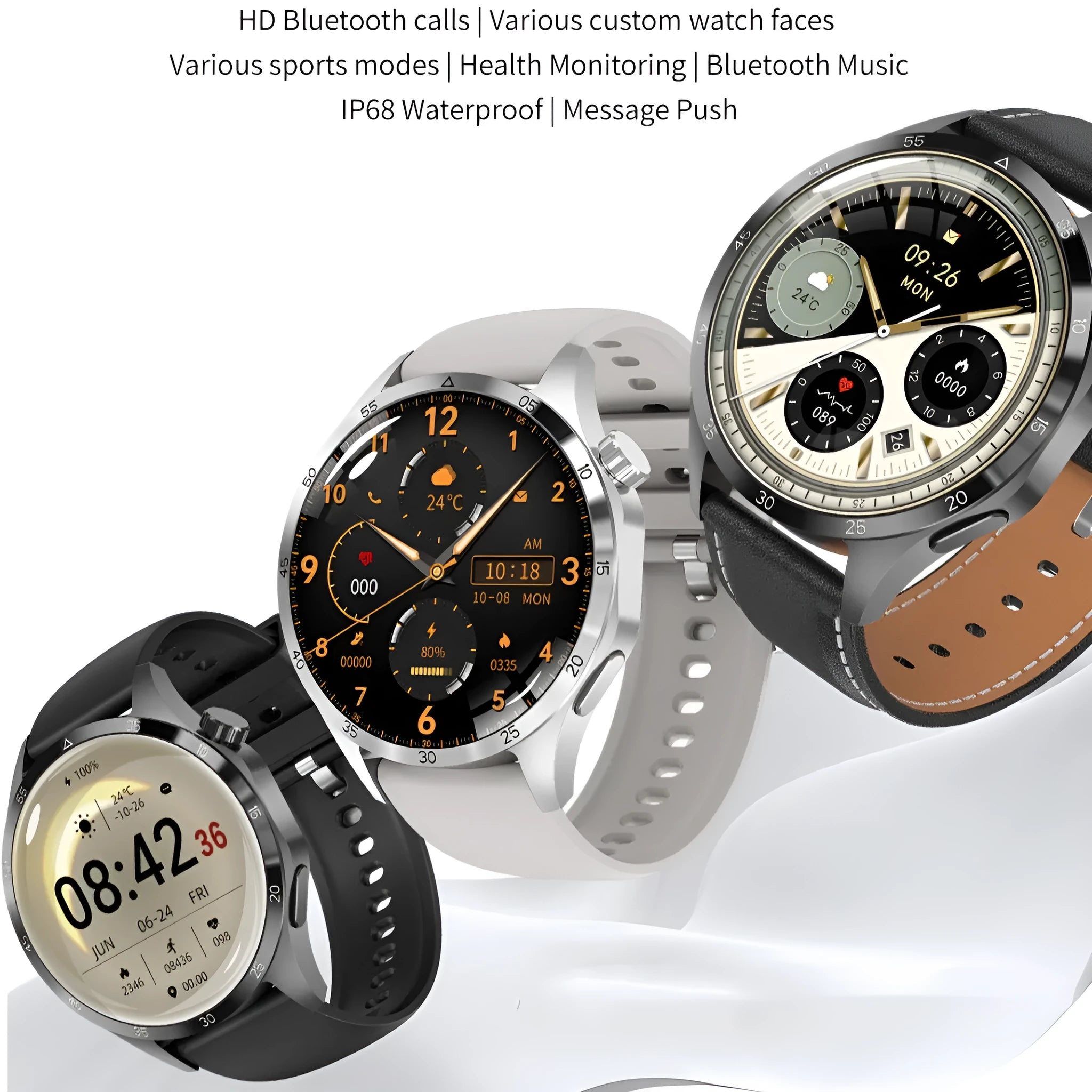 Black Bluetooth smartwatch with TFT touchscreen display showing health metrics
