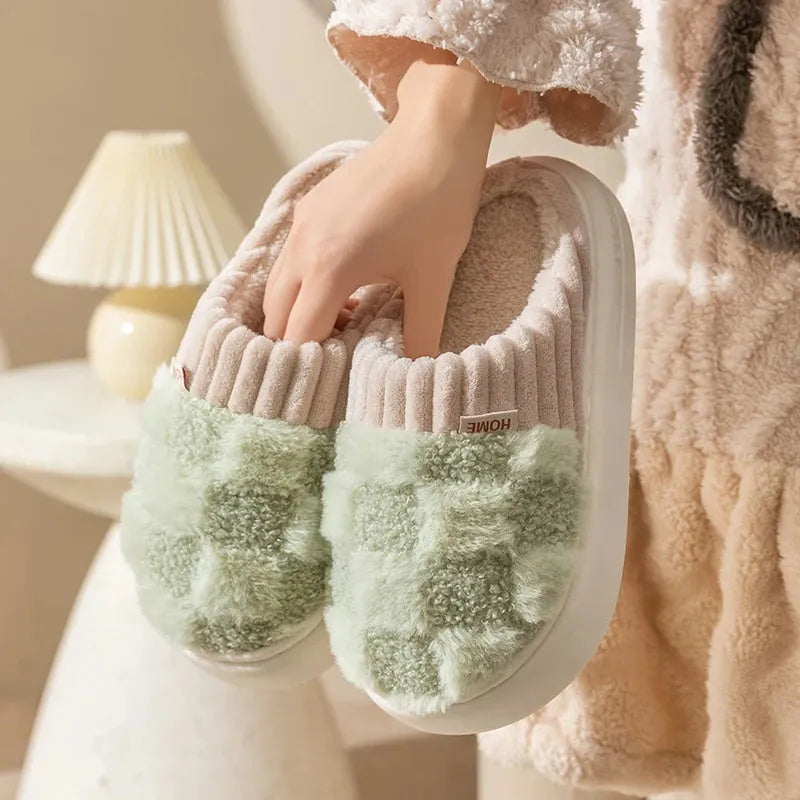 Women's plaid patterned plush slippers with polar fleece upper and non-slip PVC sole in coffee colour