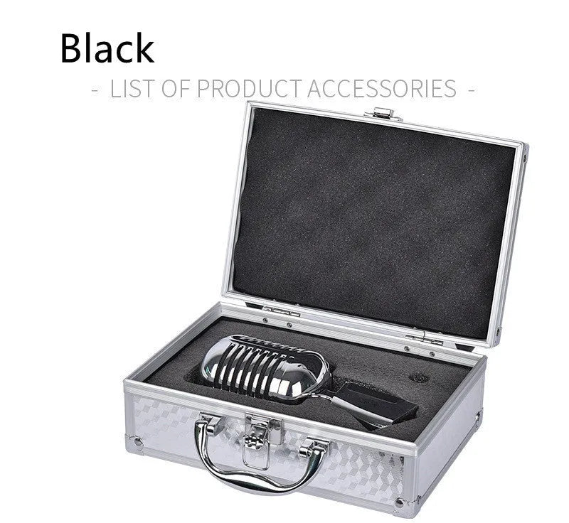 Retro black or silver metal wired microphone with cardioid pickup for stage and home use.