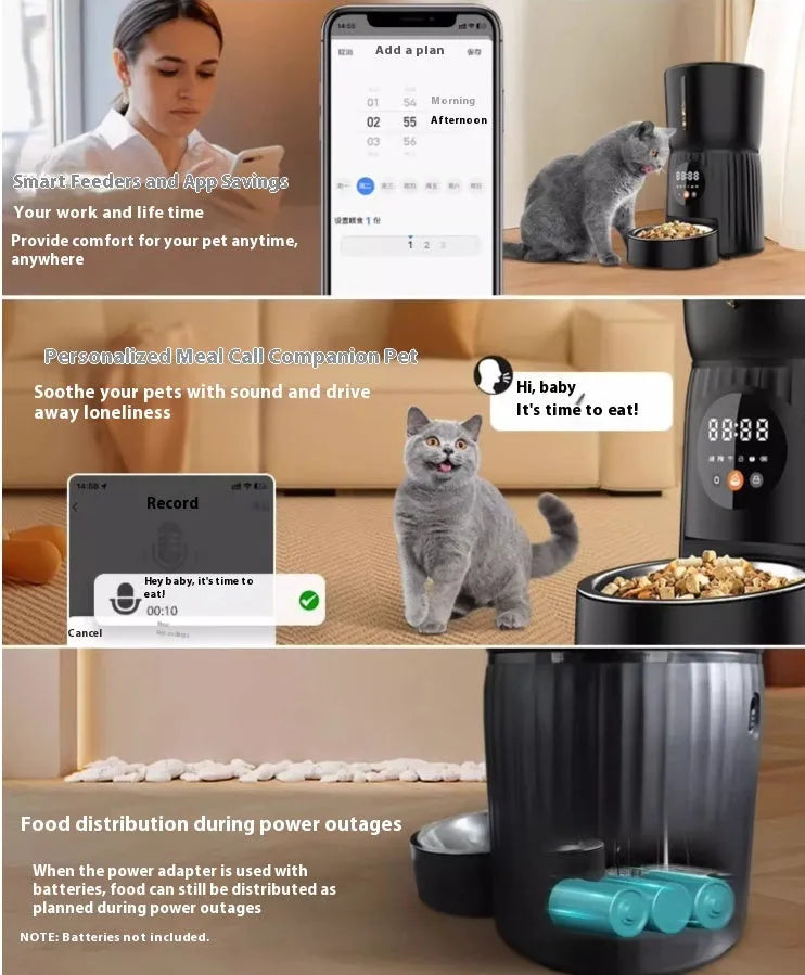 Black and white automatic pet feeder with mobile app remote control and USB power connection