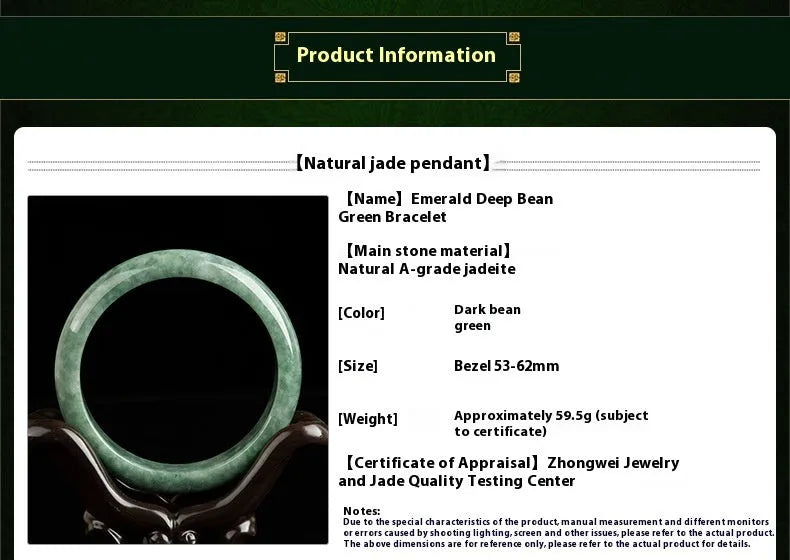 A simple natural emerald green jade bracelet for women, presented with a certificate and gift box.