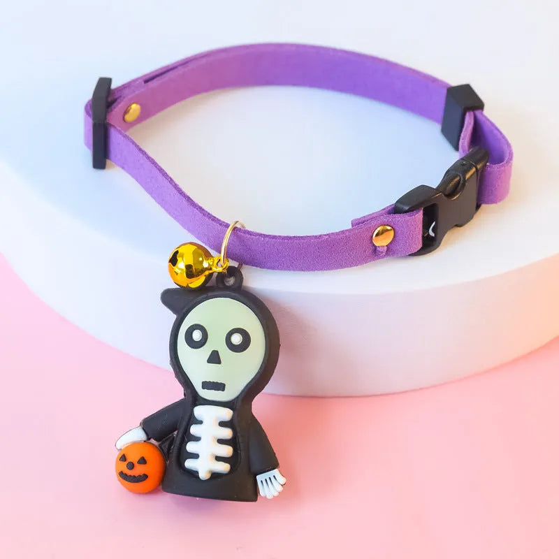 Halloween pet collar decoration with cartoon pattern in three designs including luminous options, sized XS to L for dogs and cats