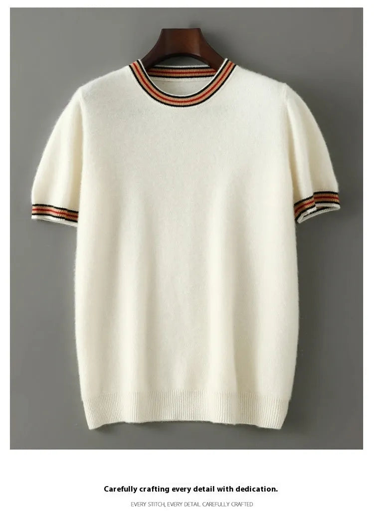 Men's grey short sleeve wool sweater with a round neck on a hanger.