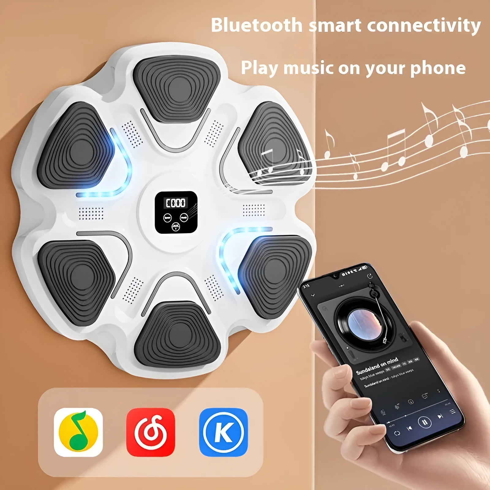 Smart music electronic boxing wall target with ABS construction and boxing gloves.