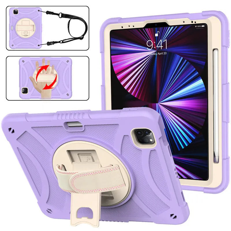 Rotating bracket strap silicone protective case for iPad in rose gold colour, showing the integrated stand.