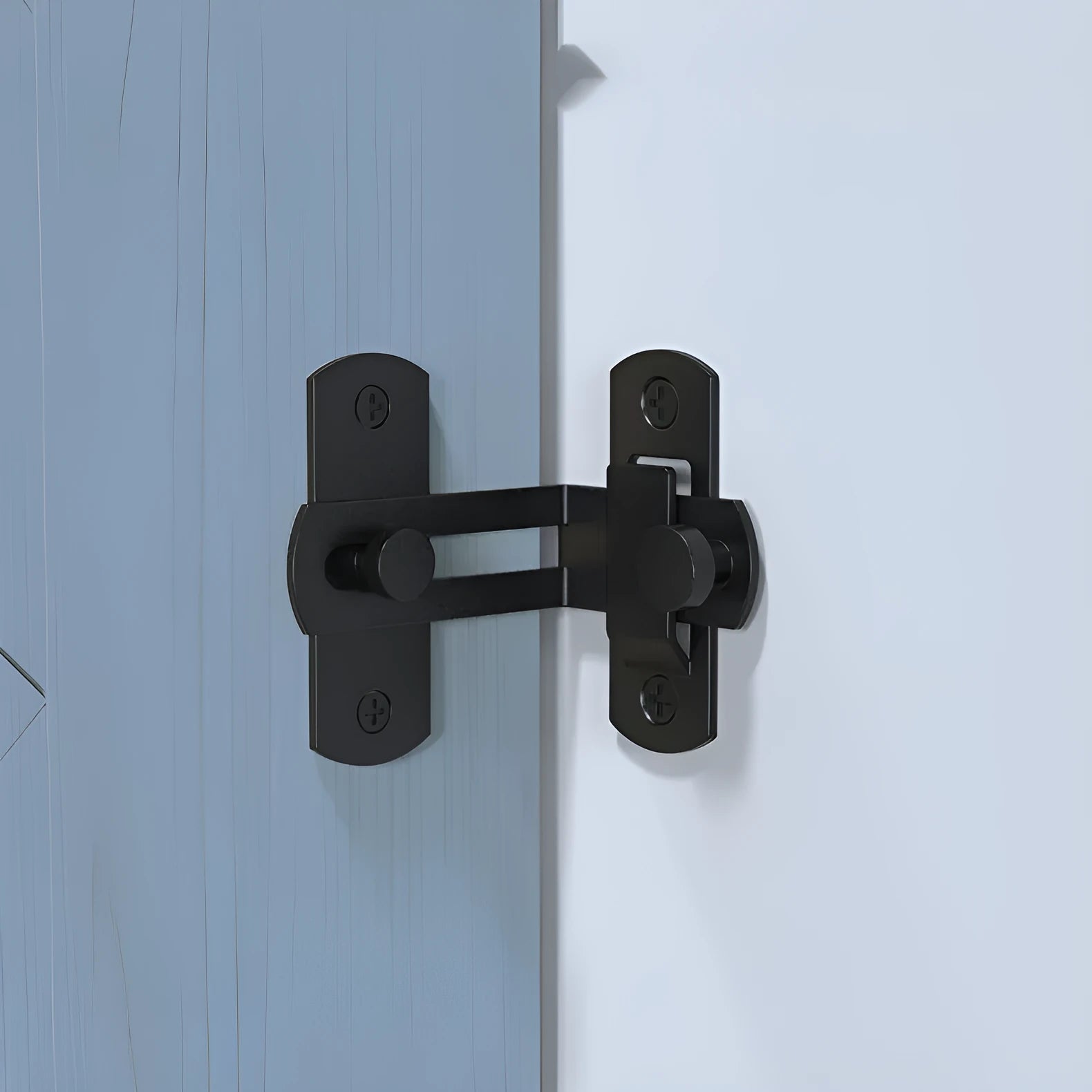 Heavy-duty stainless steel barn door hasp lock with flat shackle, shown at a 90-degree angle.