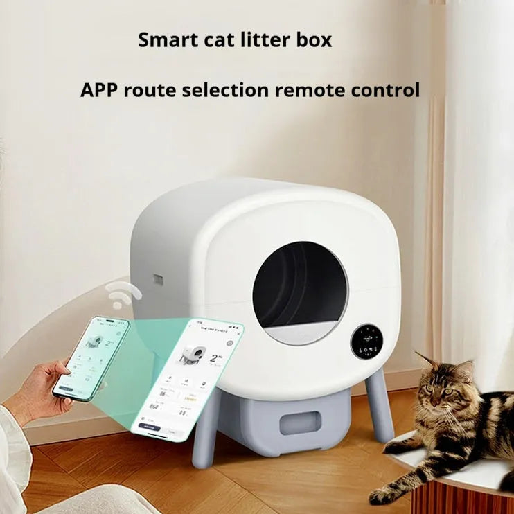 Automatic cat litter box with white ABS plastic construction and 13-litre storage capacity