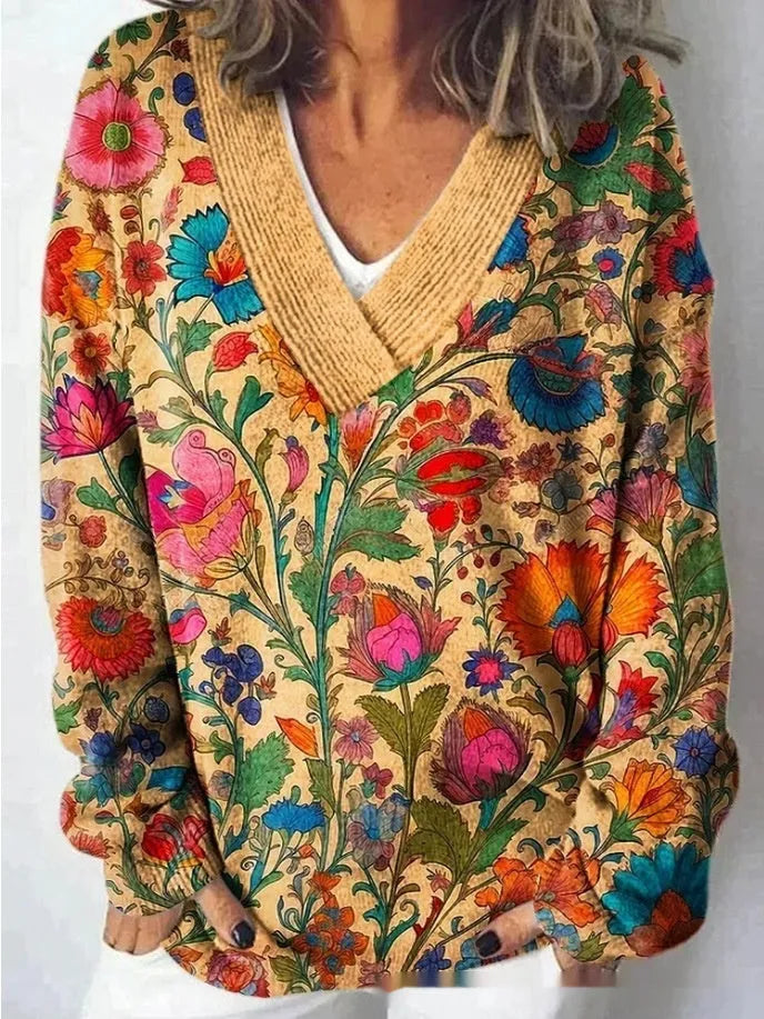 Women's long sleeve V-neck sweatshirt with a printed 3D floral pattern in retro style.