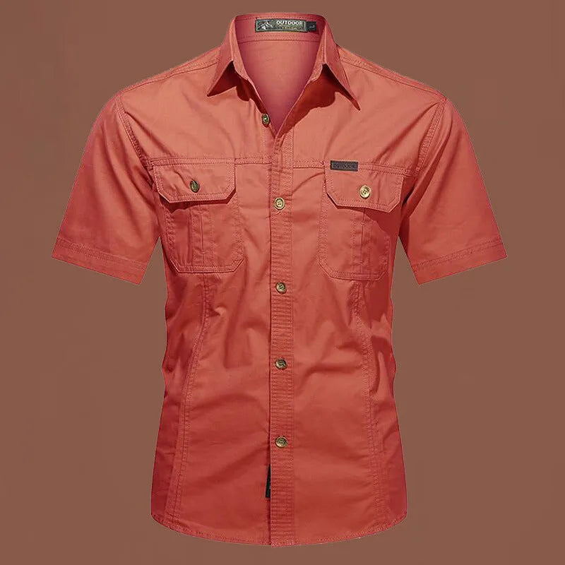 Men's short sleeve cotton work shirt in loose fit available in army green, beige, black, dark blue and other colours