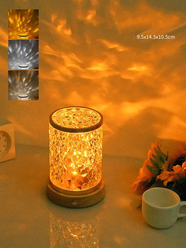 Rotating water ripple night light with wooden base showing dimensions of 9.5x14.5x10.5cm