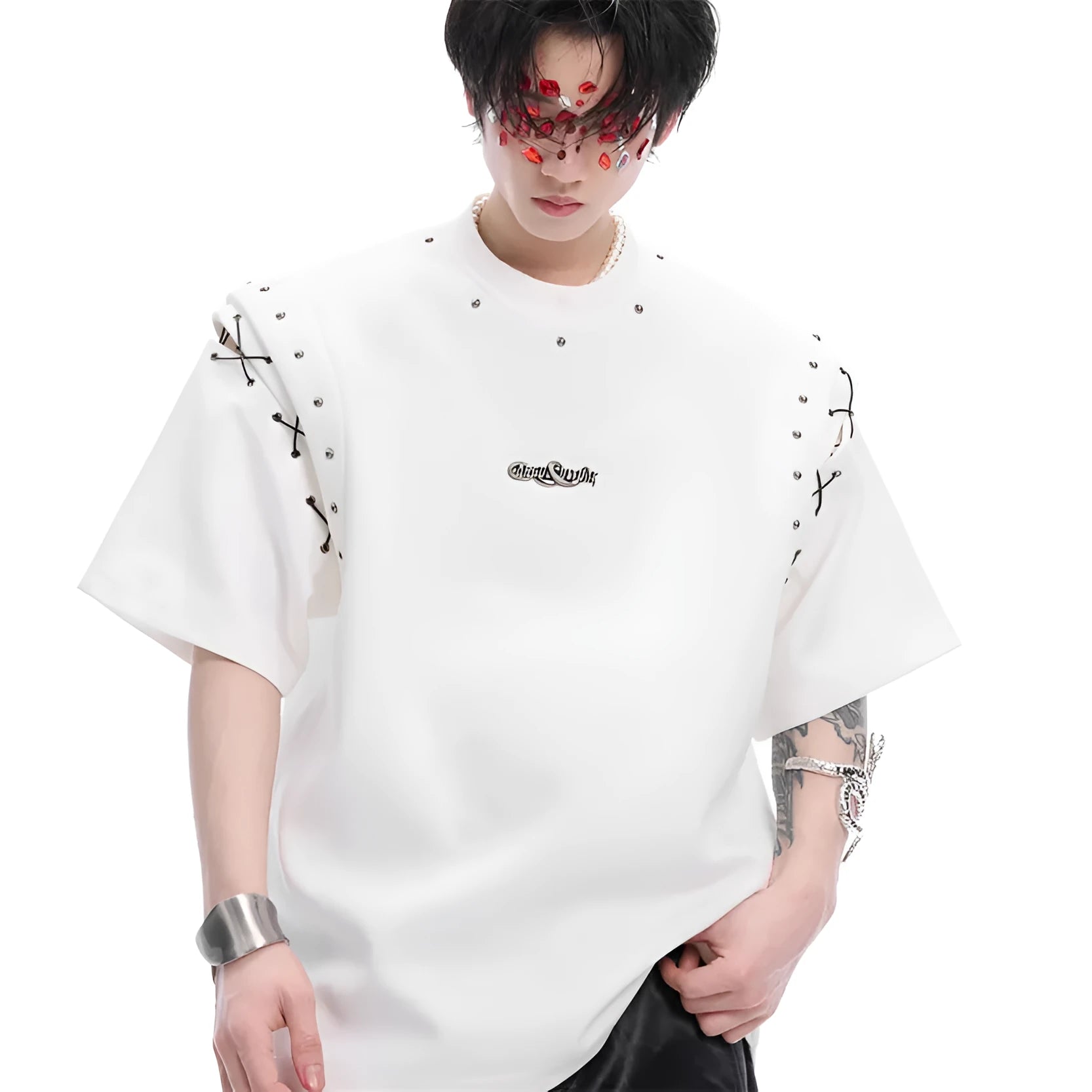 Black short sleeve T-shirt with a lace-up cutout detail on the front.