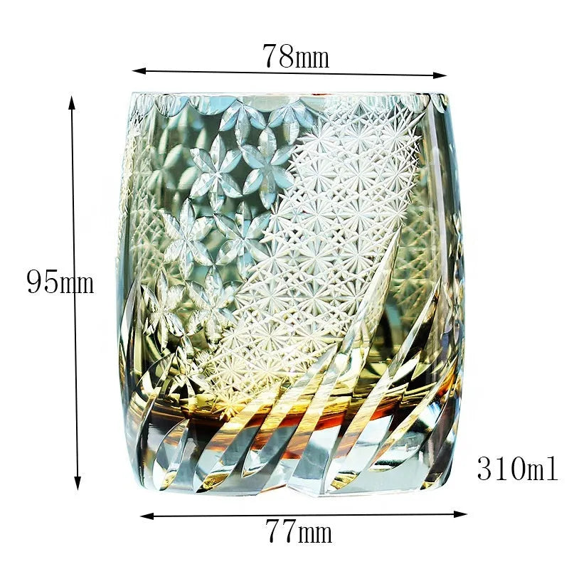 Japanese-style carved crystal whiskey tumbler with 301-400ml capacity in Gray Far Thunder colour on a dark surface