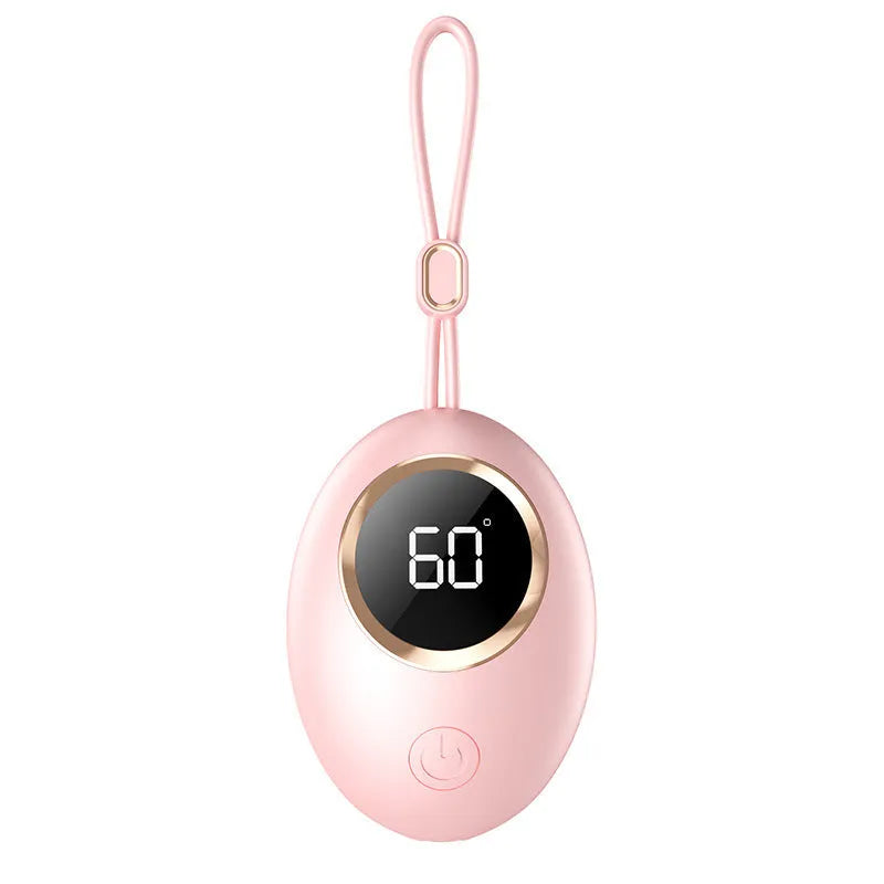 USB-powered hand warmer and power bank unit with a digital display in various colours.