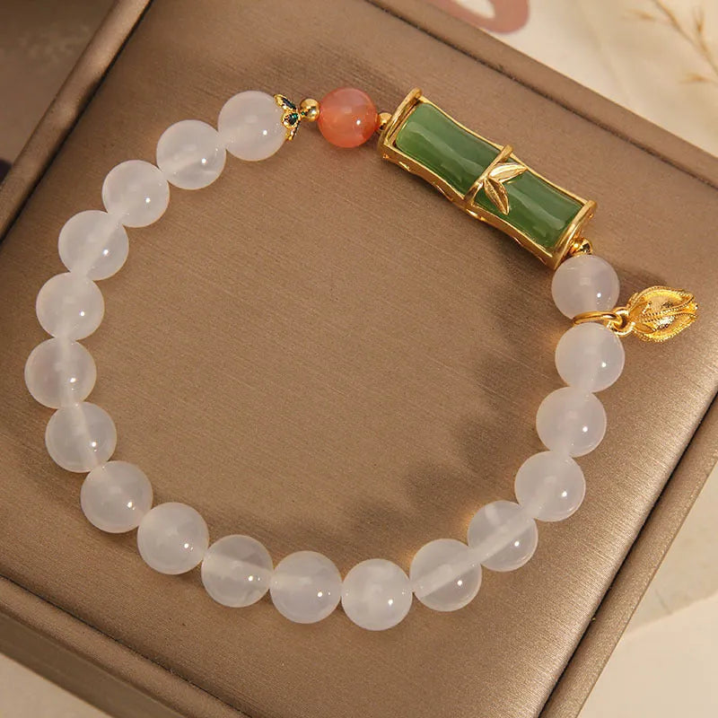 White agate jade bamboo bracelet with retro Chinese design and natural stone beads