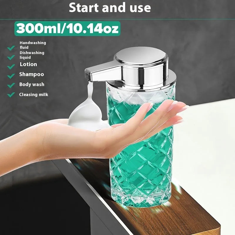 Automatic intelligent soap dispenser with silver-plated PET shell and Type-C charging port.