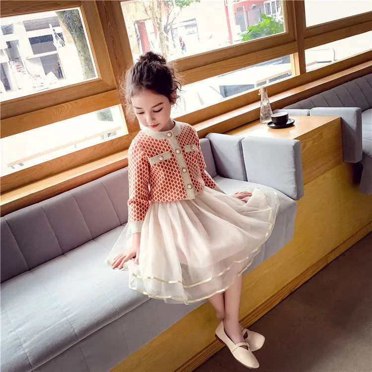Girls' orange modal two-piece suit with A-line skirt for heights 100cm to 160cm