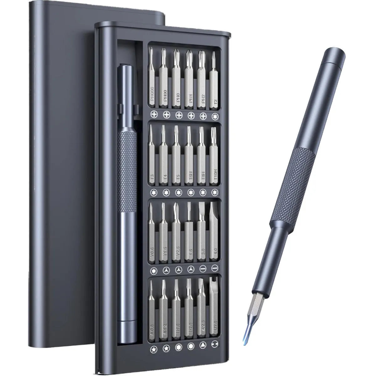 25-in-one magnetic precision screwdriver set with knurled handle and bits.